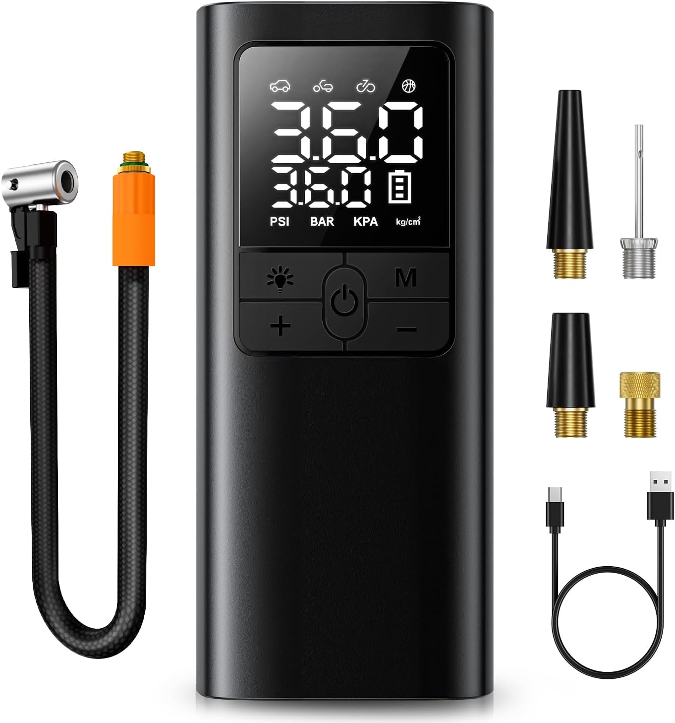 TMIGIA Portable Tire Inflator with Digital Display and Accessories. Compact design, rechargeable battery, and multiple nozzle adapters for car, bike, and more.