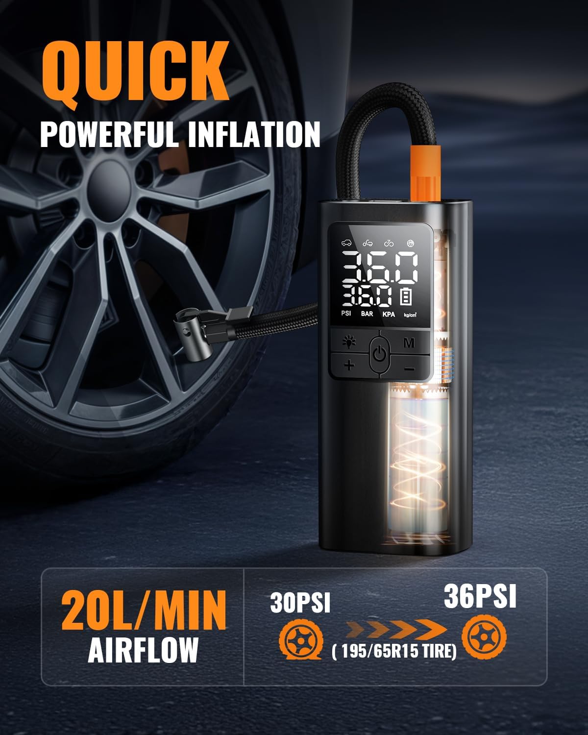 TMIGIA Portable Tire Inflator in action, showcasing quick and powerful inflation capabilities. Ideal for car tires with a high airflow rate of 20L/min and precise pressure control up to 36 PSI.