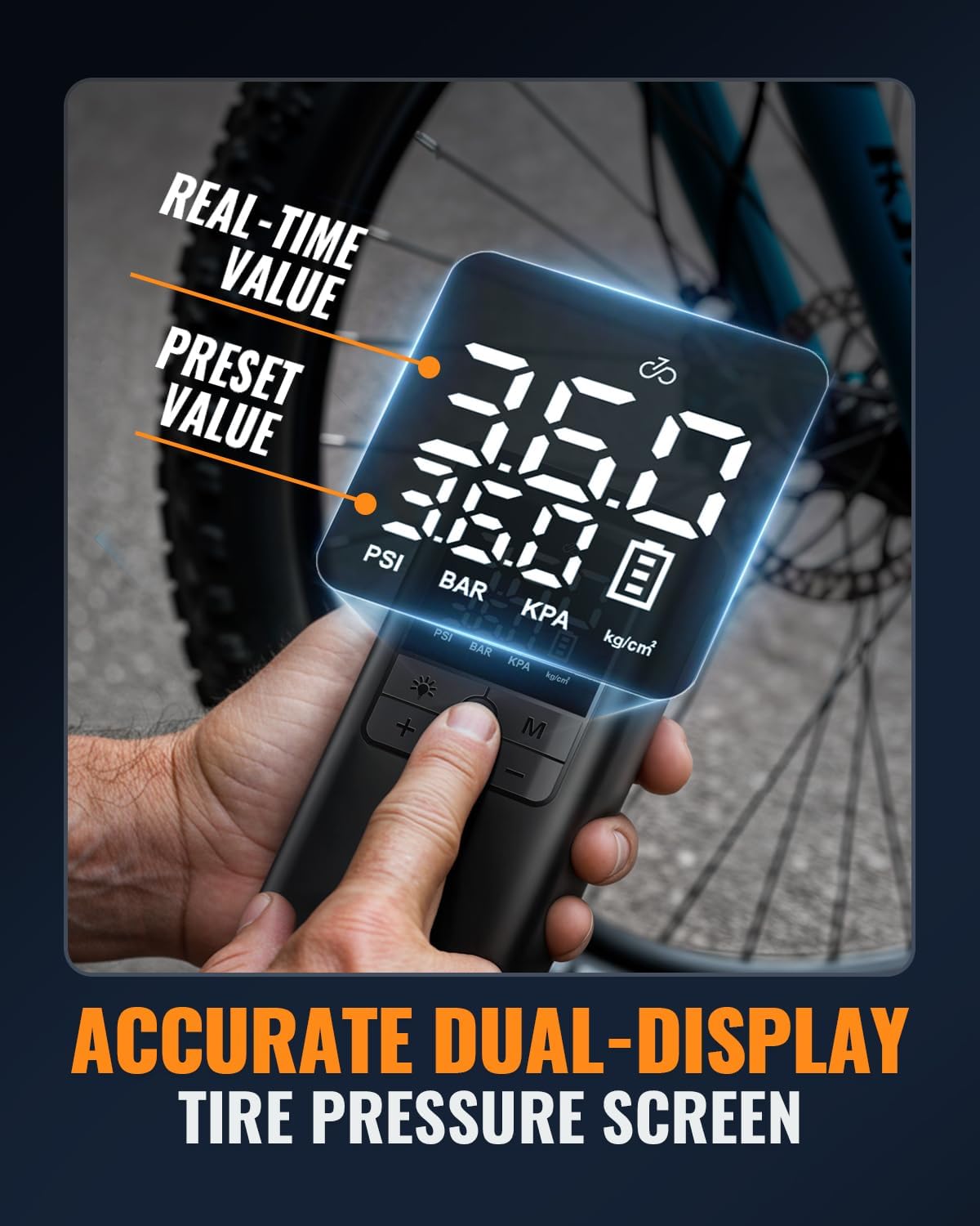 TMIGIA Portable Tire Inflator featuring an accurate dual-display screen showing real-time and preset tire pressure values. Perfect for cyclists and vehicle owners needing precise inflation measurements.