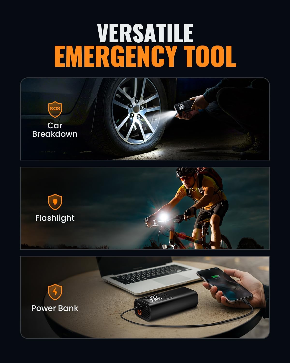 TMIGIA Portable Tire Inflator as a versatile emergency tool. Ideal for car breakdowns, providing a flashlight for nighttime visibility, and functioning as a power bank to charge devices like laptops and smartphones.