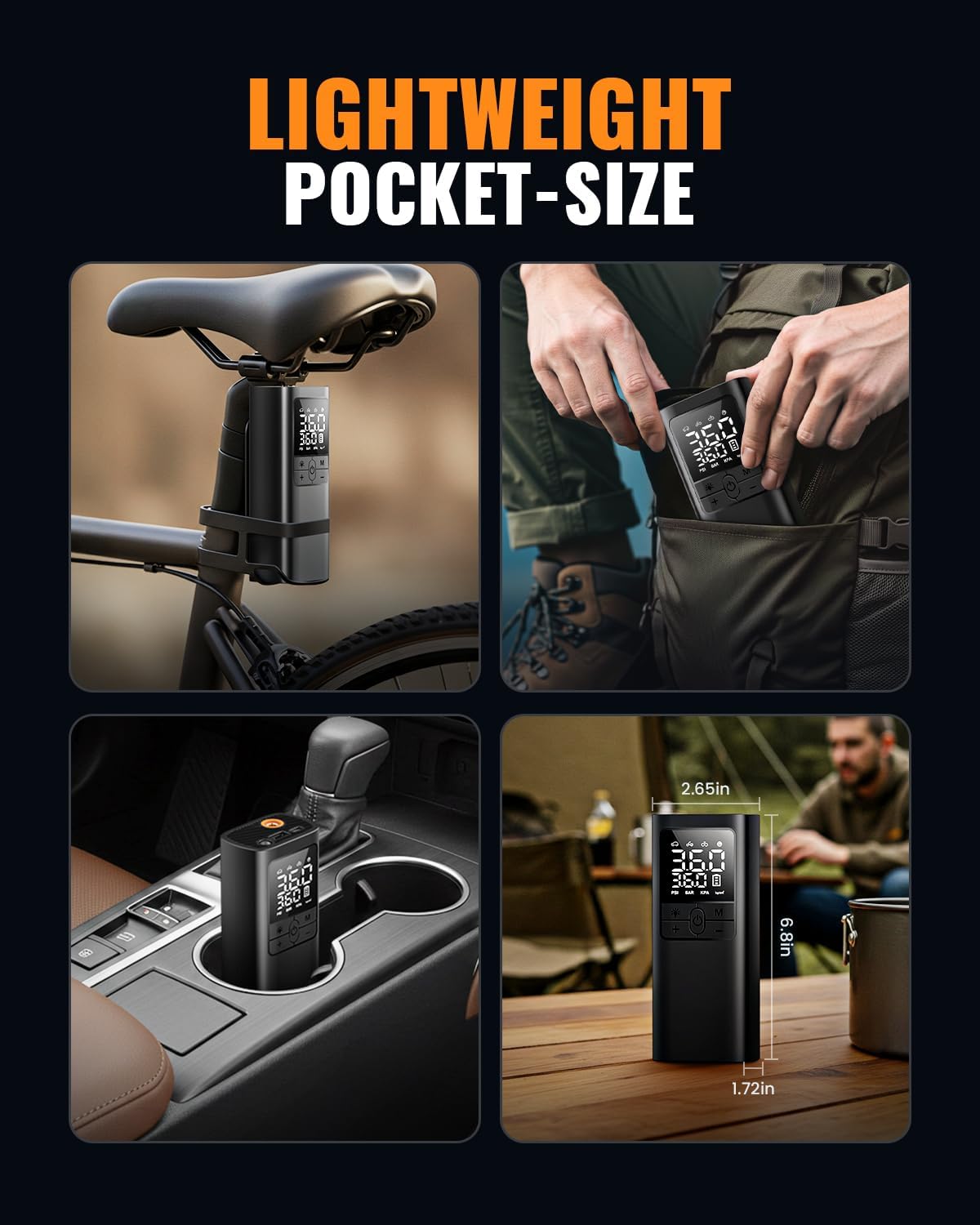 TMIGIA Portable Tire Inflator showcasing its lightweight and pocket-size design. Compact enough to fit on a bike seat, in a backpack, or even in a car cup holder, making it perfect for on-the-go use.