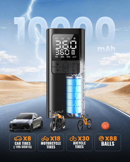 TMIGIA Portable Tire Inflator with a powerful 10,000 mAh battery, capable of inflating car tires (x8), motorcycle tires (x18), bicycle tires (x30), and balls (x88). Versatile and reliable for all your inflating needs.
