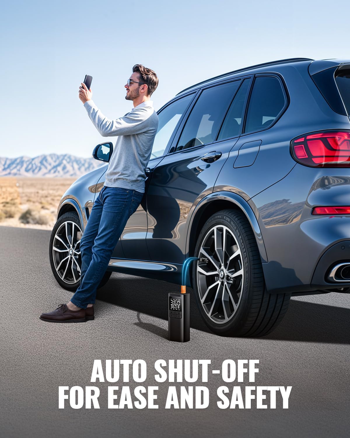TMIGIA Portable Tire Inflator demonstrating its auto shut-off feature for ease and safety. Perfect for inflating car tires with precision, ensuring accurate pressure without manual intervention.