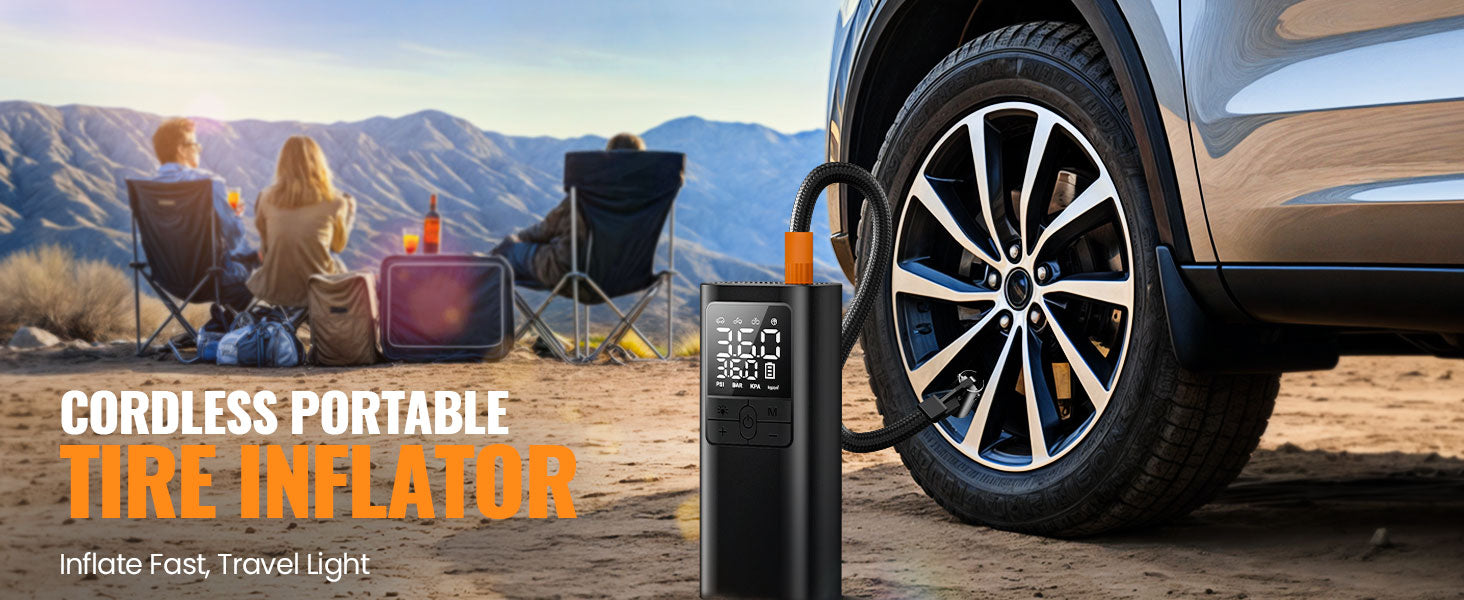 TMIGIA Cordless Portable Tire Inflator being used to inflate a car tire in a scenic outdoor setting. Ideal for travelers and adventurers who need fast, reliable inflation on the go.