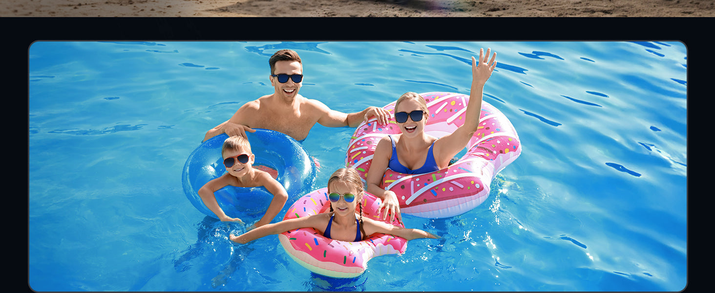 TMIGIA Portable Tire Inflator showcasing its versatility by inflating inflatable pool floats. Ideal for families and beachgoers who need to quickly inflate water toys and enjoy fun-filled summer activities.